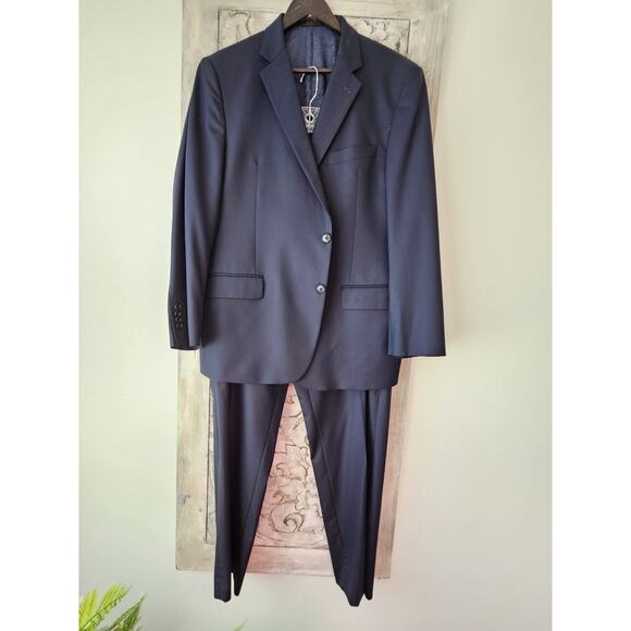 Jos A Bank Joseph Slim Fit Suit 46R 37.5W Navy Blue 100% Wool Herringbone Men LN